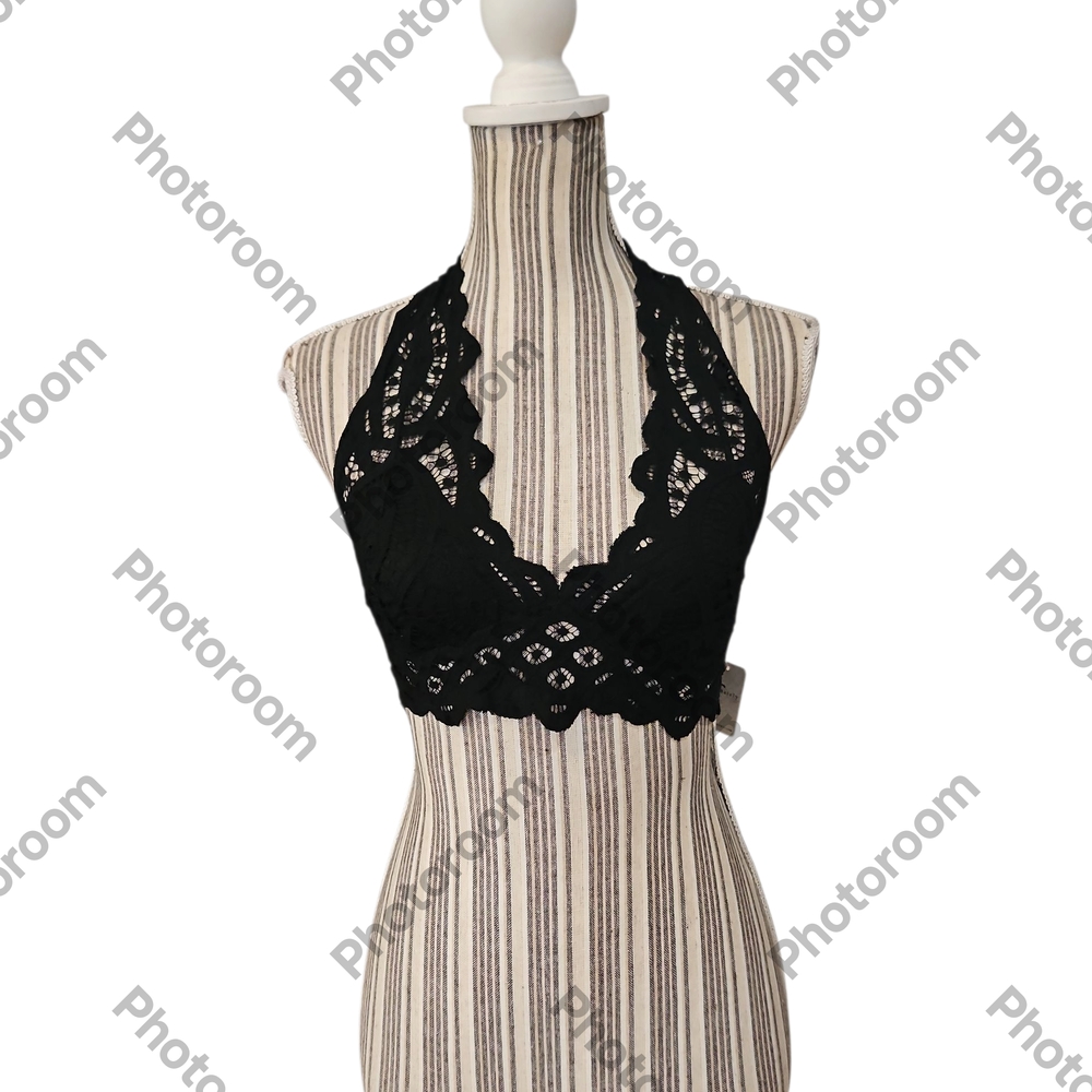 Free People Intimately Woman Adella Halter Smock Back Black Lace Bralette Size X
